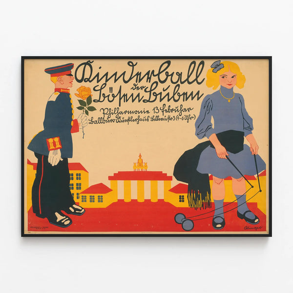 Vintage decorative poster of Kinderball with children in period costumes — framed artwork on a wall