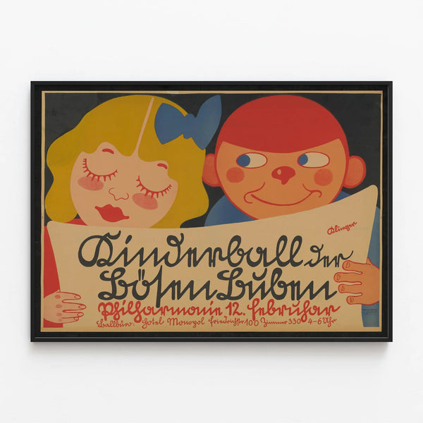 Vintage Kinderball poster with stylized children for wall decoration — framed artwork on a wall