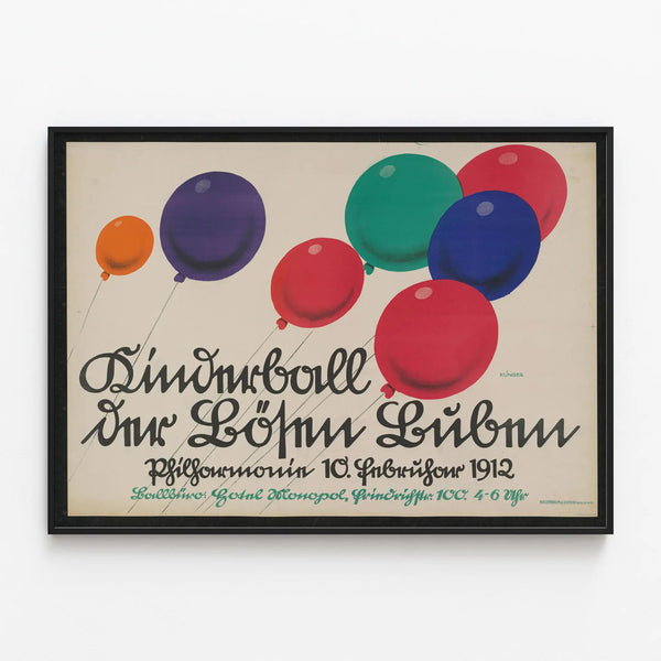 Vintage Kinderball 1912 poster with colorful balloons — framed artwork on a wall