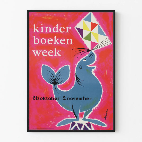 Kinderboeken Week Poster with otarie and colorful kite