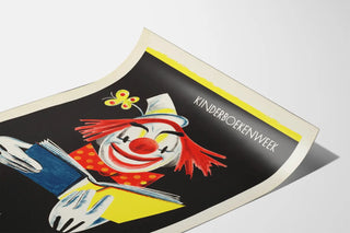 Vintage Kinderboekenweek 1955 poster with clown and book
