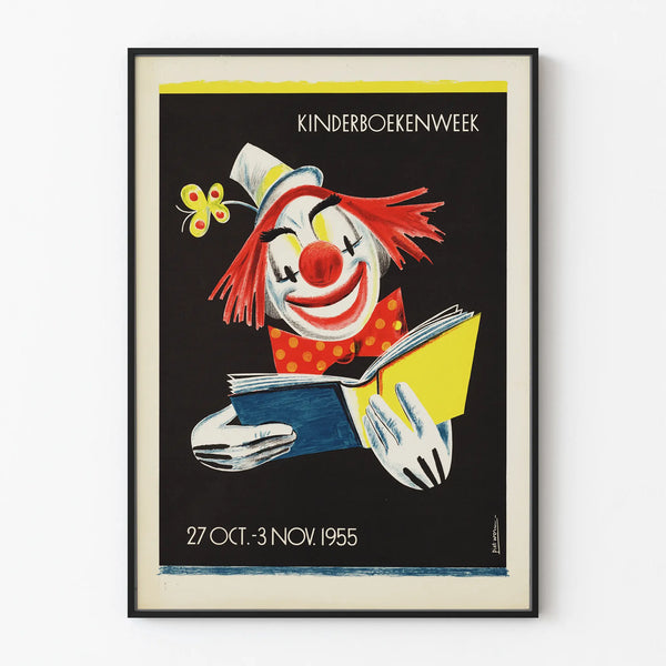 Vintage Kinderboekenweek 1955 poster with clown and book