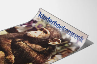 Vintage Kinderboekenweek poster with sitting baby monkey