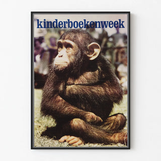 Vintage Kinderboekenweek poster with sitting baby monkey