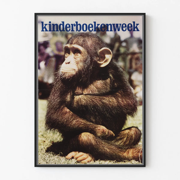 Vintage Kinderboekenweek poster with sitting baby monkey