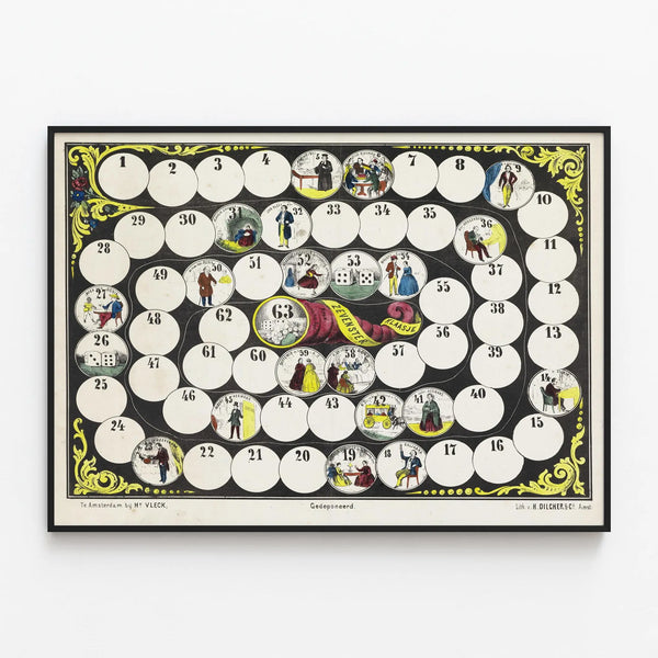 Vintage poster of the board game Klaasje Zevenster — framed artwork on a wall