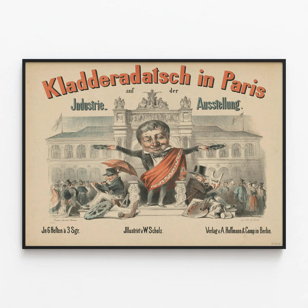 Kladderadatsch Poster at the Paris Industrial Exhibition — framed artwork on a wall