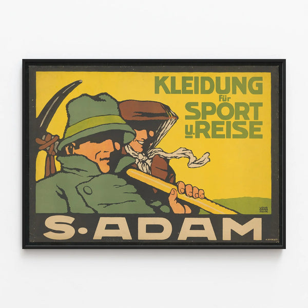Vintage poster of sports and travel clothing S. Adam — framed artwork on a wall