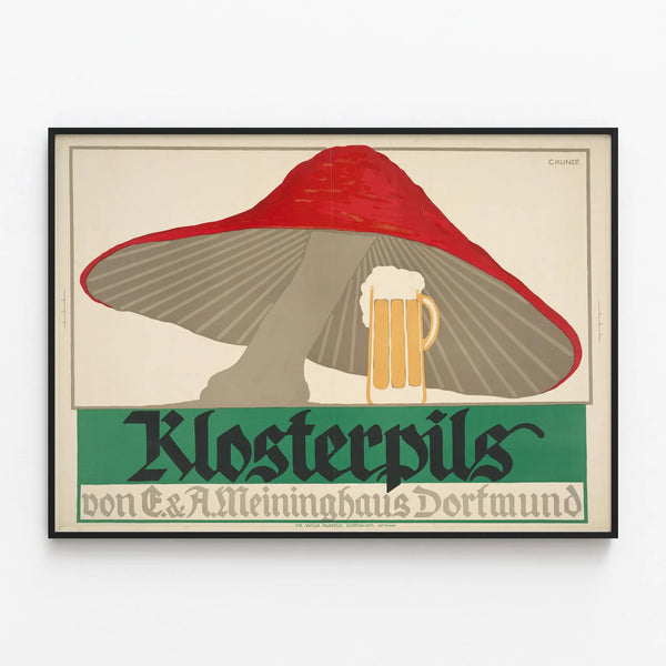 Vintage Klosterpils Poster - Mushroom and Beer Design — framed artwork on a wall