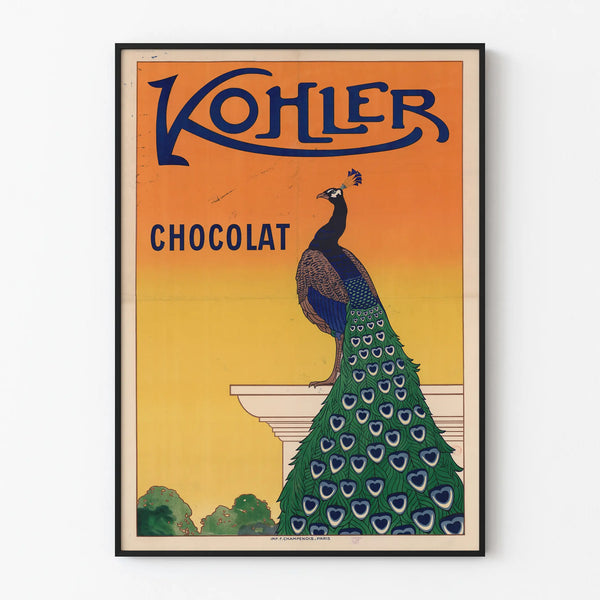 Vintage chocolate poster Kohler with colorful peacock