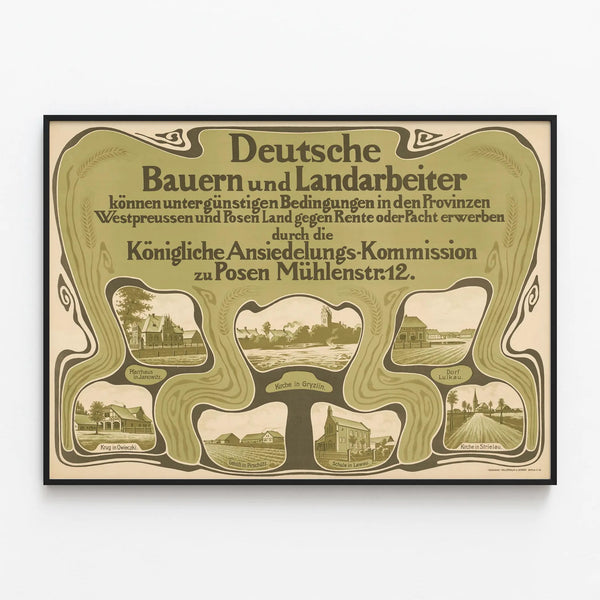 Vintage German poster for agricultural colonization in Posnania — framed artwork on a wall