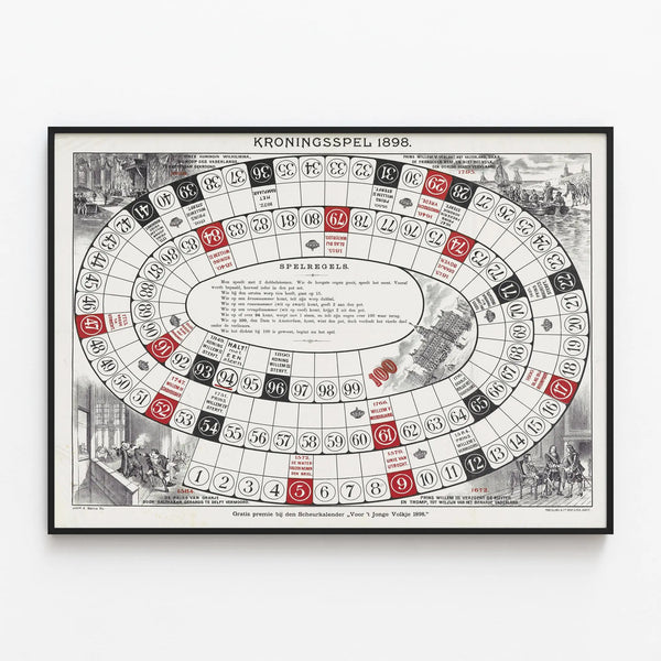 Vintage poster of Kroningsspel 1898 – Dutch history game — framed artwork on a wall