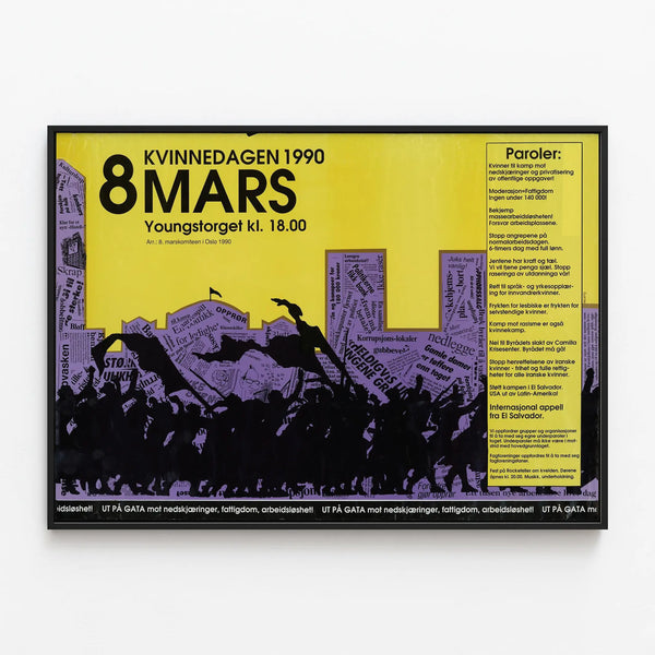 Poster International Women's Day 1990 - Protest against cuts and poverty — framed artwork on a wall