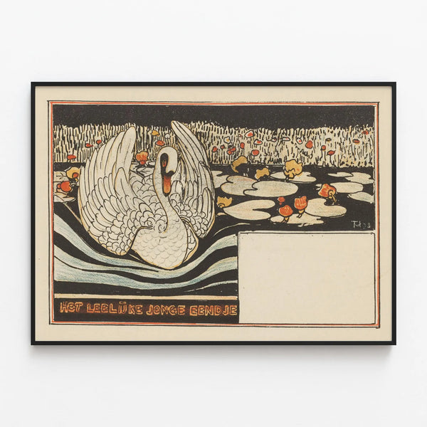 Vintage decorative poster The Swan on the Flowering Pond — framed artwork on a wall