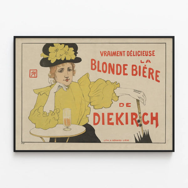 Vintage Poster La Blonde Diekirch Beer for Wall Decoration — framed artwork on a wall