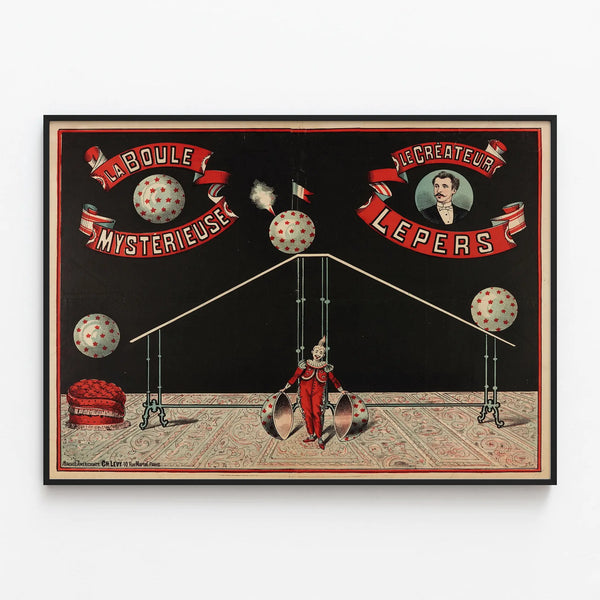 Vintage poster The Mysterious Ball by the Creator Lepers — framed artwork on a wall