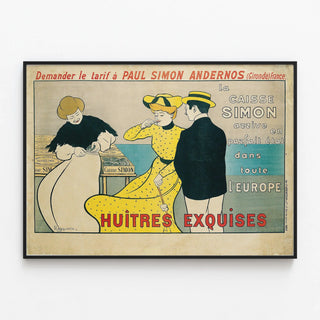 Vintage poster of Exquisite Oysters La Caisse Simon — framed artwork on a wall