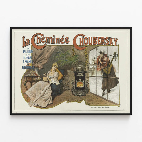 Vintage Poster The Choubersky Fireplace - Elegant Wall Decoration — framed artwork on a wall