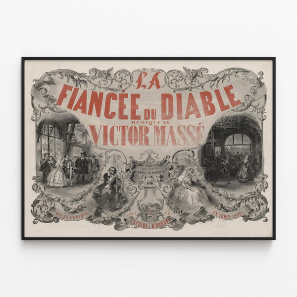 Vintage poster The Fiancée of the Devil by Victor Massé — framed artwork on a wall