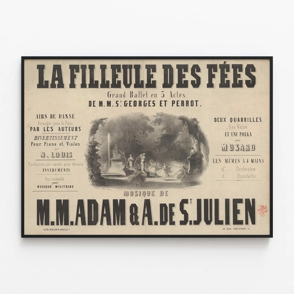 Vintage poster of the ballet The Goddaughter of the Fairies in 3 acts — framed artwork on a wall