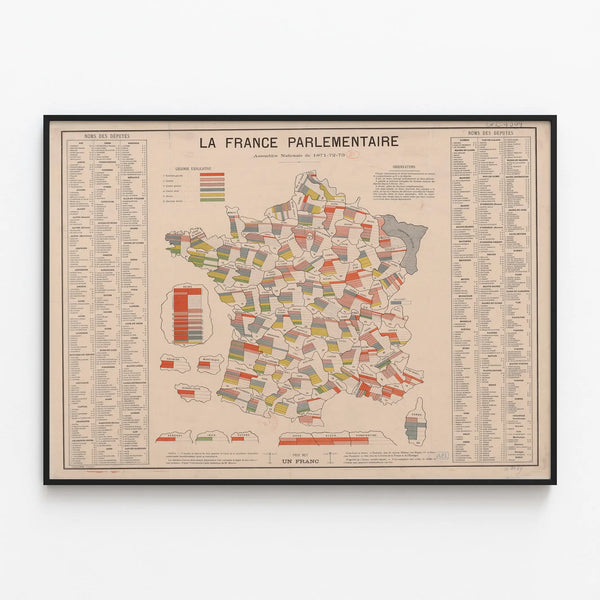 Vintage poster of the political map of France 1871-1873 — framed artwork on a wall