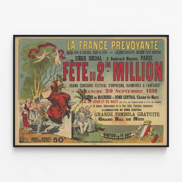 Vintage poster La France Prévoyante celebrating the 2nd million 1891 — framed artwork on a wall