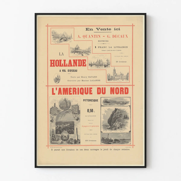 Vintage poster of Holland and North America, illustrated engravings