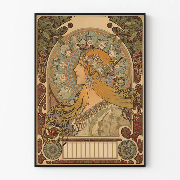 Decorative Art Nouveau Poster of a Woman and Zodiac Signs