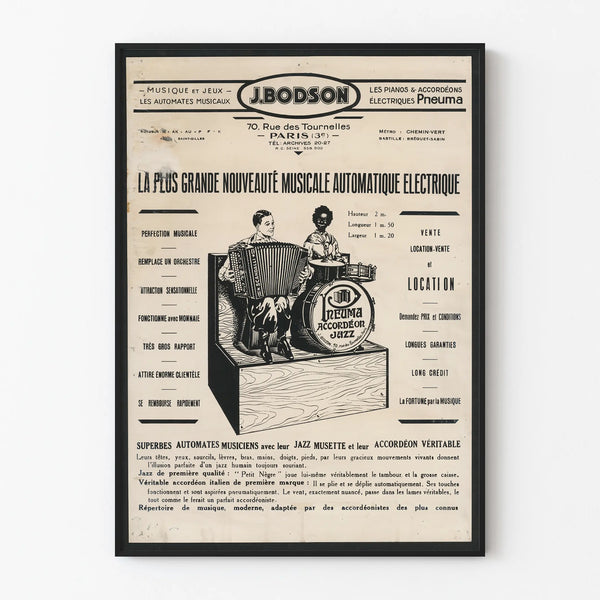 Vintage poster of electric musical automaton J. Bodson