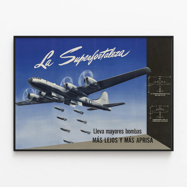 Vintage Poster of the B-29 Superfortress Airplane in Flight — framed artwork on a wall
