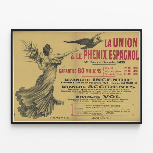 Vintage poster La Union & Le Phénix Spanish Paris wall decoration — framed artwork on a wall