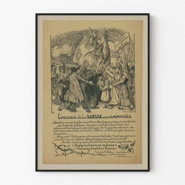 Vintage poster of Switzerland's reception for repatriates, historical illustration