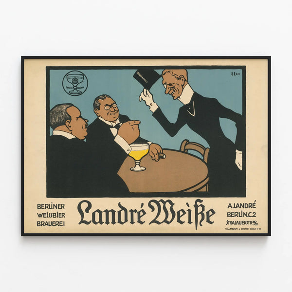 Vintage Landré Weisse advertising poster for Berlin-style wheat beer — framed artwork on a wall
