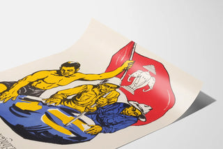 Vintage Laotian activist poster with flag and workers