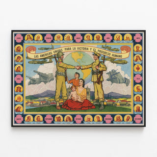 Vintage poster Las Américas Unidas for victory and human progress — framed artwork on a wall