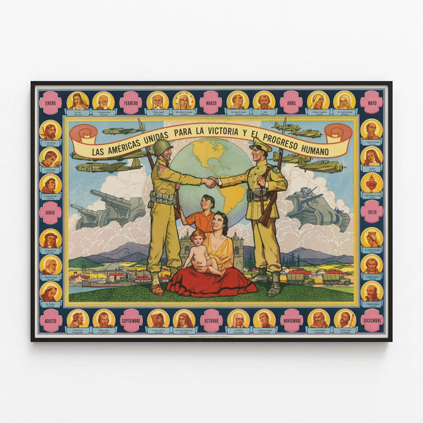 Vintage poster Las Américas Unidas for victory and human progress — framed artwork on a wall