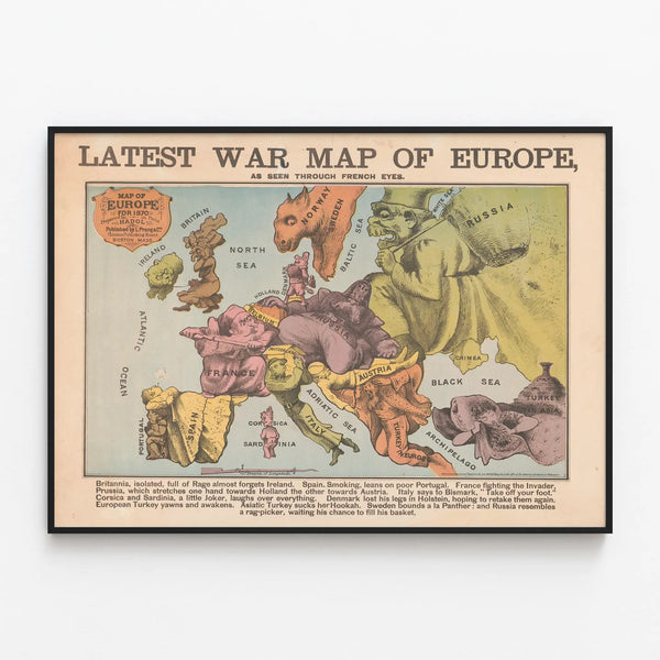 Satirical Poster of Europe at War as Seen by France — framed artwork on a wall