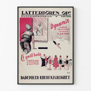 Vintage Scandinavian Poster for Latterdören Theater Comedy Program, 4 Acts