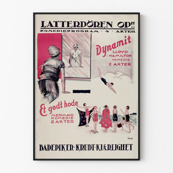 Vintage Scandinavian Poster for Latterdören Theater Comedy Program, 4 Acts