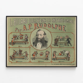 Vintage billiard poster in the five parts of the world by A.P. Rudolphe — framed artwork on a wall