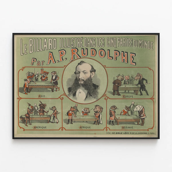 Vintage billiard poster in the five parts of the world by A.P. Rudolphe — framed artwork on a wall