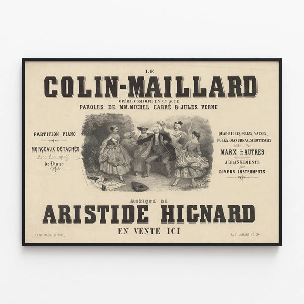 Vintage poster of Le Colin-Maillard comic opera by Aristide Hignard — framed artwork on a wall