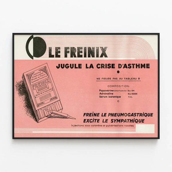 Vintage advertising poster for Le Freinix for asthma attacks — framed artwork on a wall