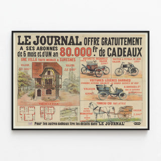 Vintage poster Le Journal Offers Gifts to Subscribers — framed artwork on a wall