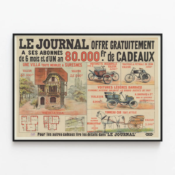 Vintage poster Le Journal Offers Gifts to Subscribers — framed artwork on a wall