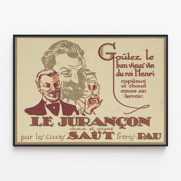 Vintage poster of Le Jurançon by the Saut Frères Cellars — framed artwork on a wall
