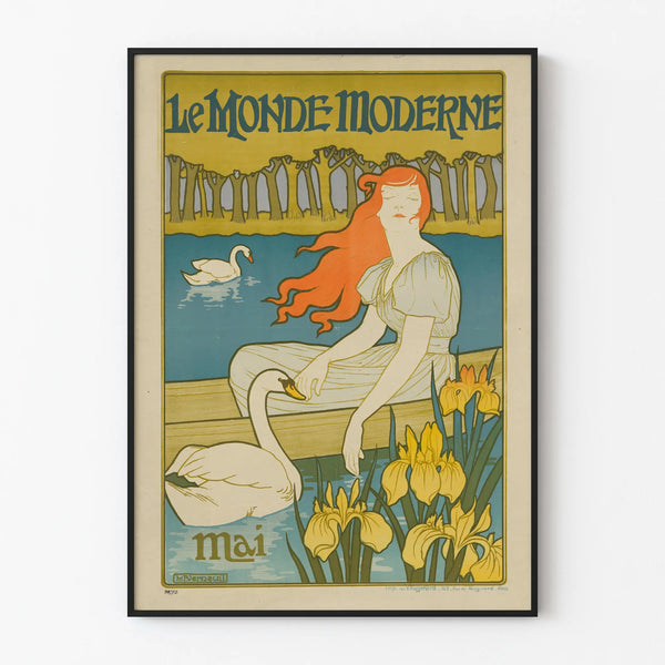 Vintage poster Le Monde Moderne - Wall decoration May with swans and woman with yellow irises