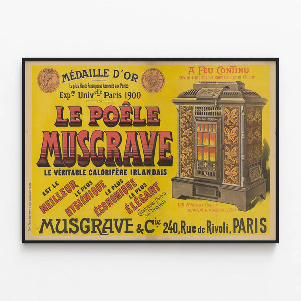 Vintage Poster of the Musgrave Stove Irish Heater — framed artwork on a wall