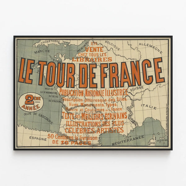 Vintage poster of the Tour de France – Illustrated map of France and its regions — framed artwork on a wall