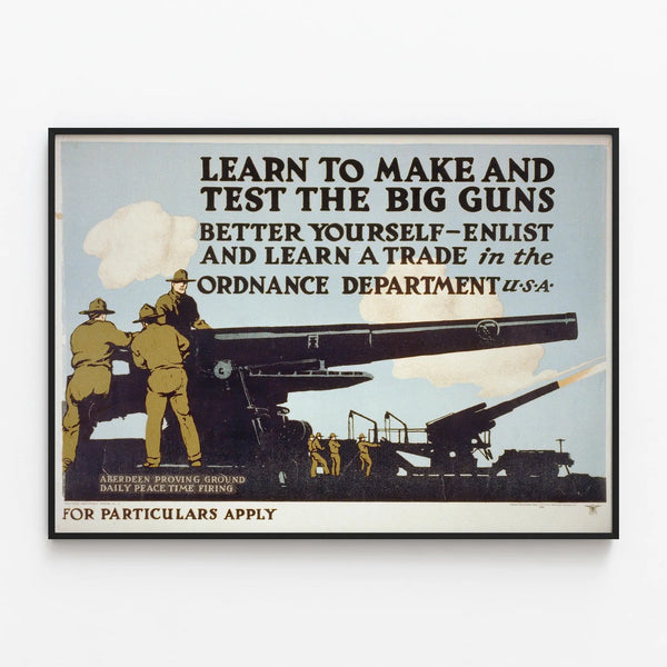 Vintage Poster Learn to Master the Great Cannons - Military Wall Decoration — framed artwork on a wall